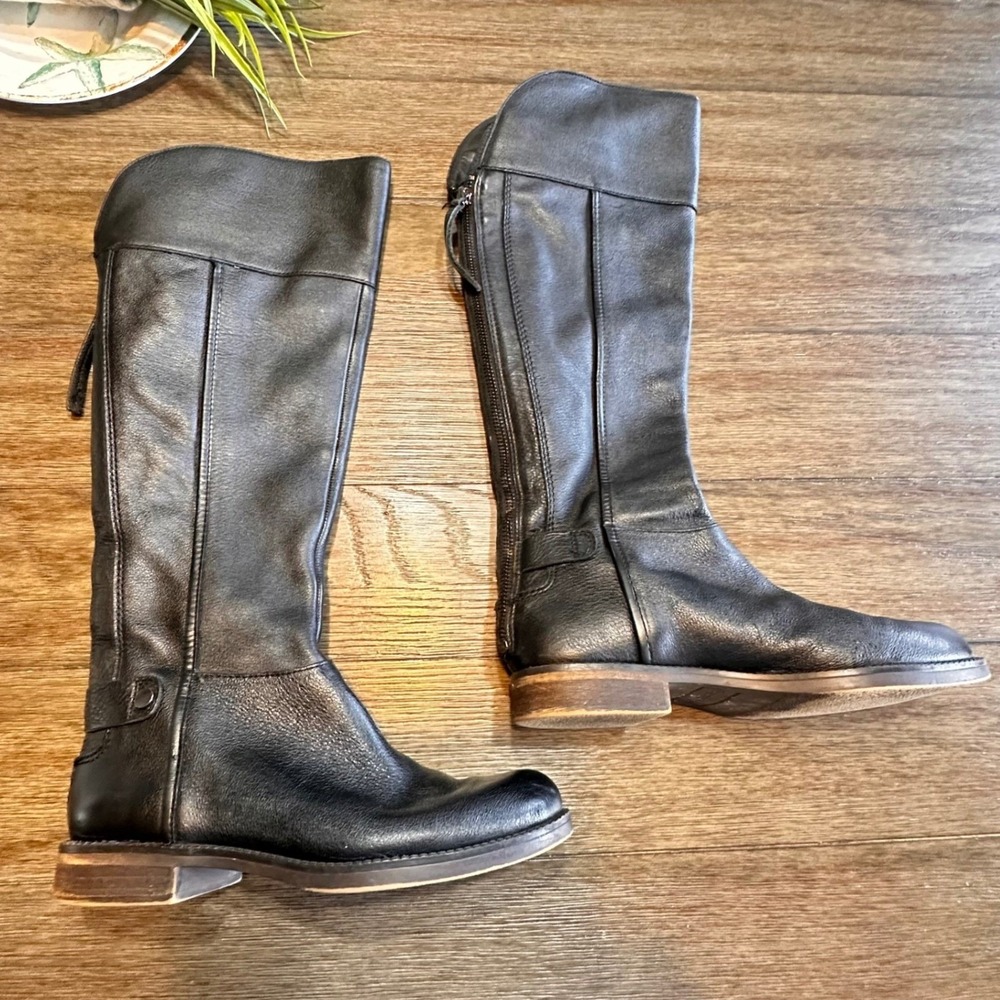 Franco Sarto Black Leather Riding Tall Boots Zip Buckle Block Heel Womens 5.5